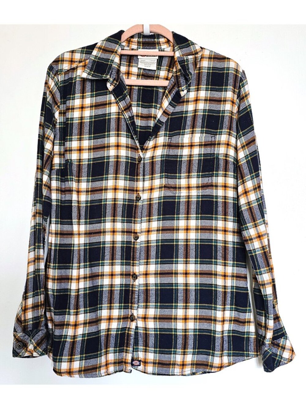 Dickies Tartan Plaid 100% Cotton Long Sleeve Button Up Shirt M Blue Yellow